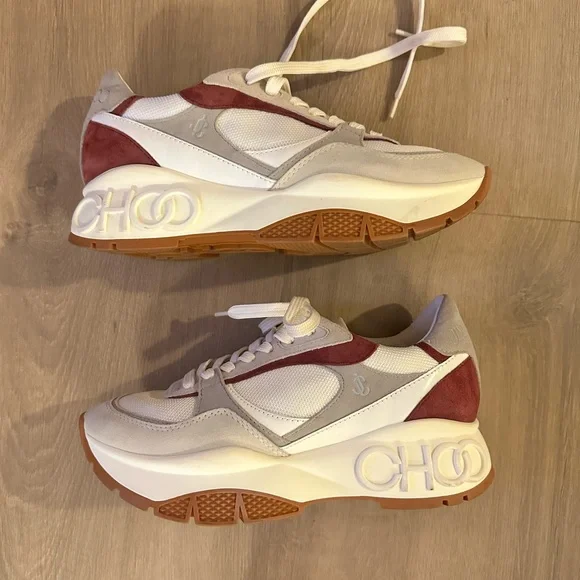 Jimmy Choo Landon F Model White and Burgundy Sneakers - Picture 1 of 7